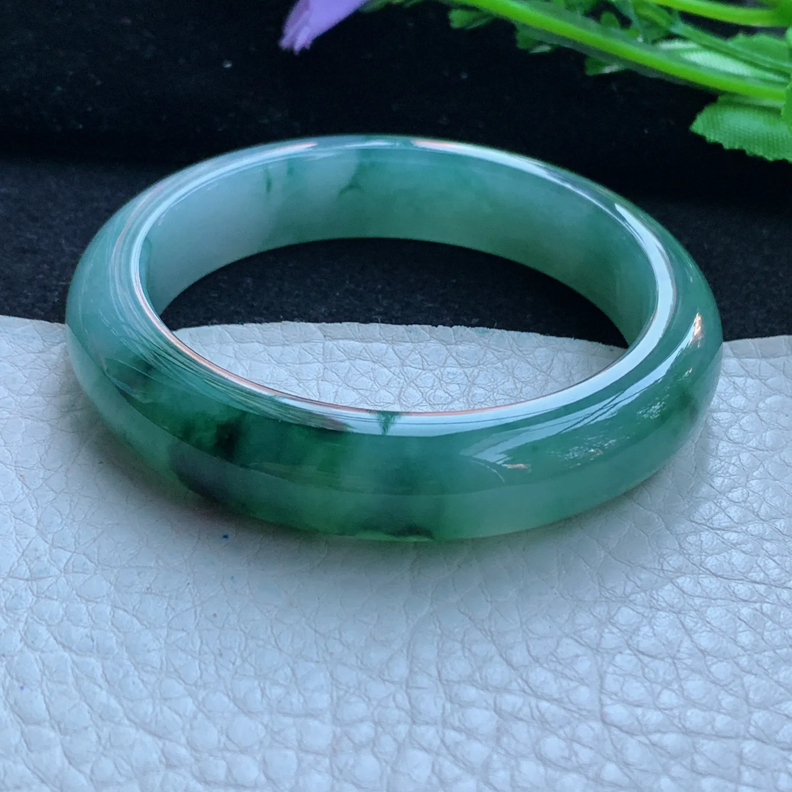 xh自然光53*12.5*8.4平安镯 缅甸翡翠a货玉手镯冰飘花宽边玉手环