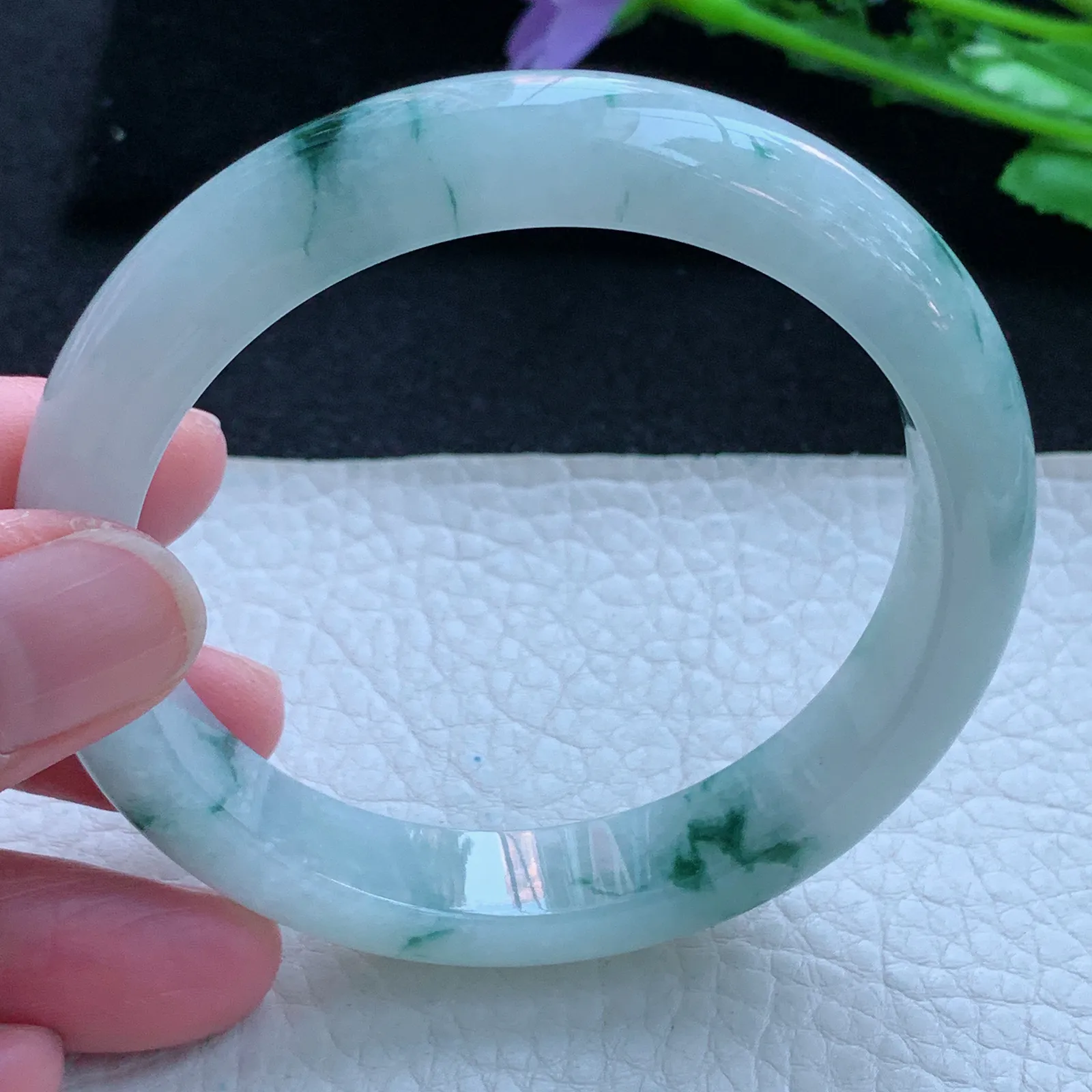 jx自然光58.5*12*8平安镯 缅甸翡翠a货玉手镯冰飘花宽边玉手环