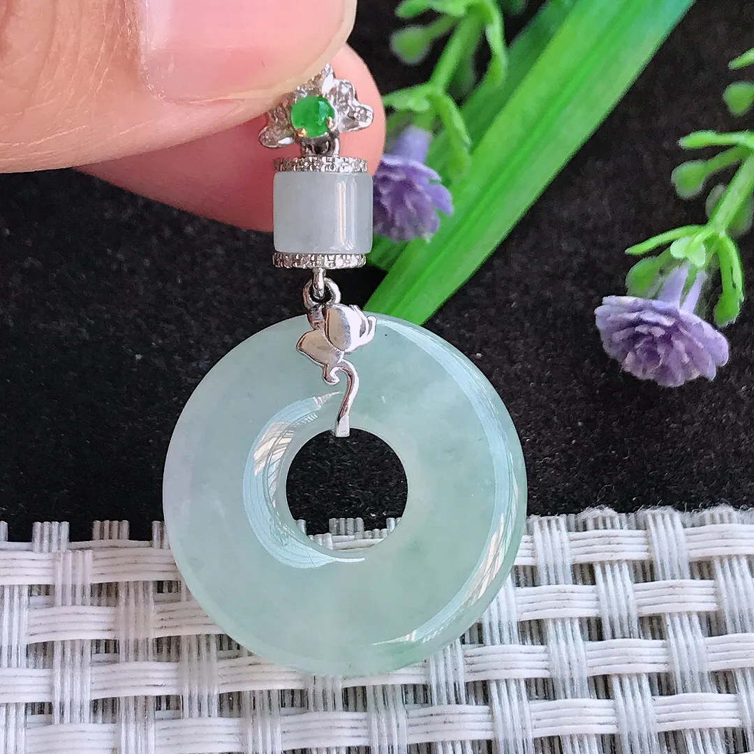 天然a货翡翠24.2/5.5老坑18k金镶嵌冰胶水灵冰晴玉环吊坠翡翠玉扣挂件