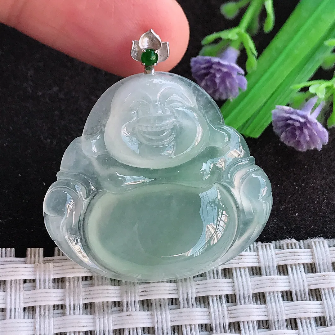 天然a货翡翠30.5/33.6/5.9老坑18k金镶嵌冰种起胶冰晴绿佛公吊坠翡翠玉挂件