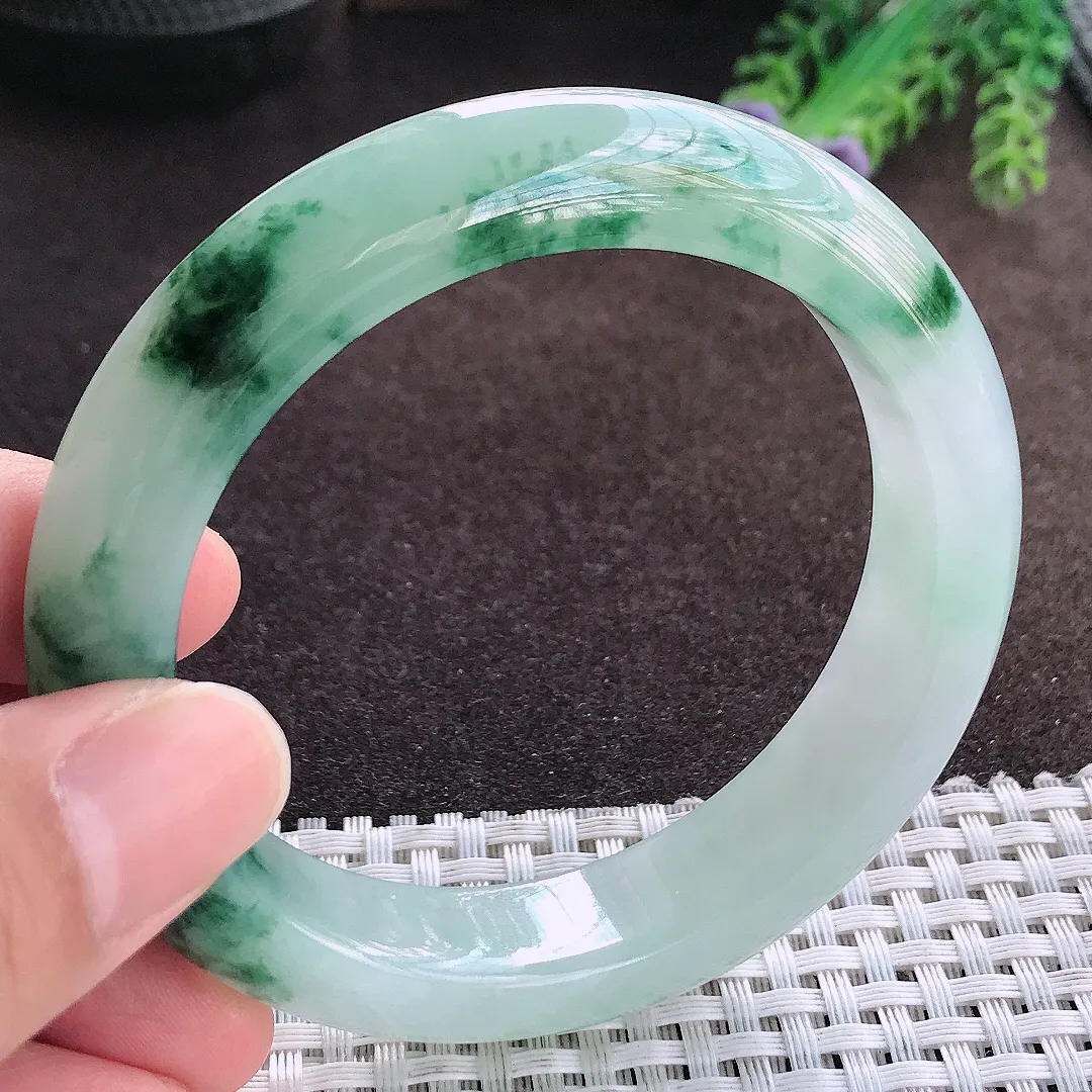 天然a货翡翠57.2/13.3/9.4老坑冰胶果冻飘花手镯宽边玉手镯