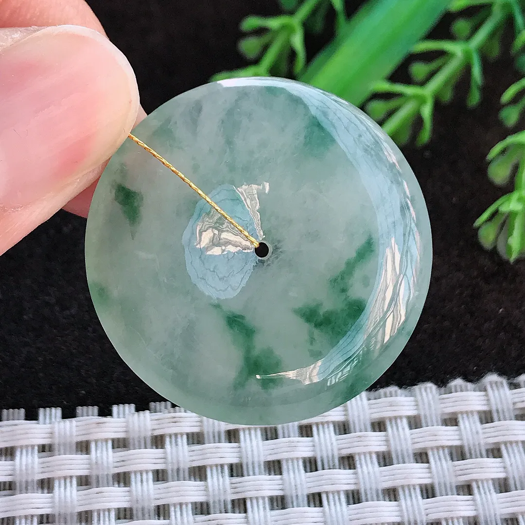 天然a货翡翠33.8/6老坑冰胶水灵飘花平安扣吊坠翡翠玉挂件