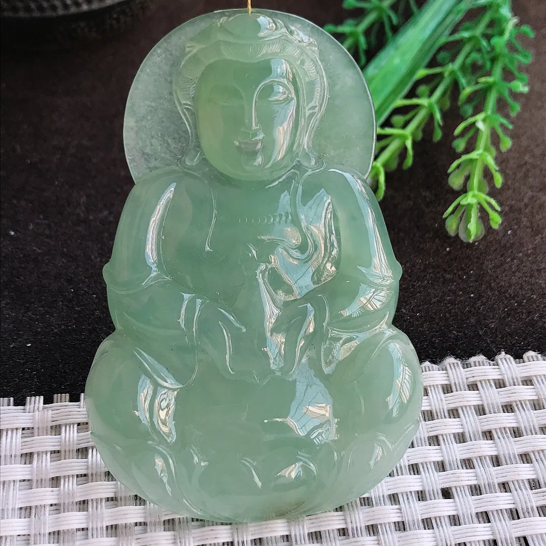 天然a货翡翠73.5/49/8.8老坑冰润起胶满绿观音吊坠翡翠玉挂件