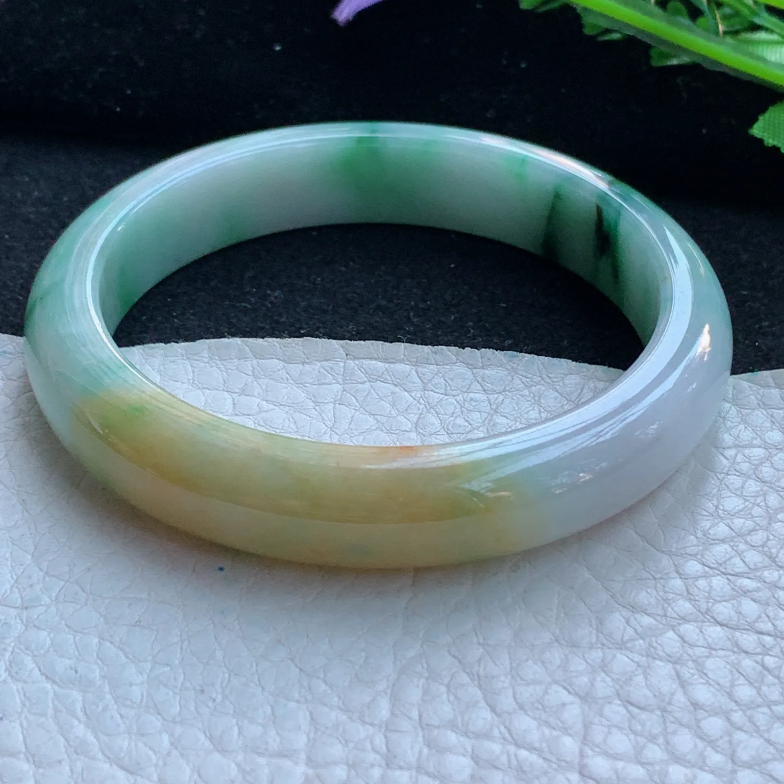 h自然光57.5*12*8平安镯 缅甸翡翠a货玉手镯三彩宽边玉手环