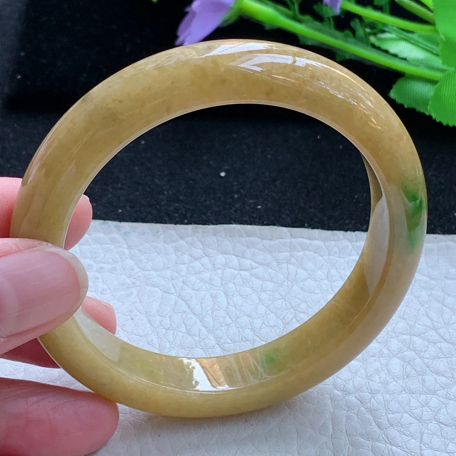 z自然光58*12*8.5平安镯 缅甸翡翠a货玉手镯黄加绿宽边珠宝玉手环