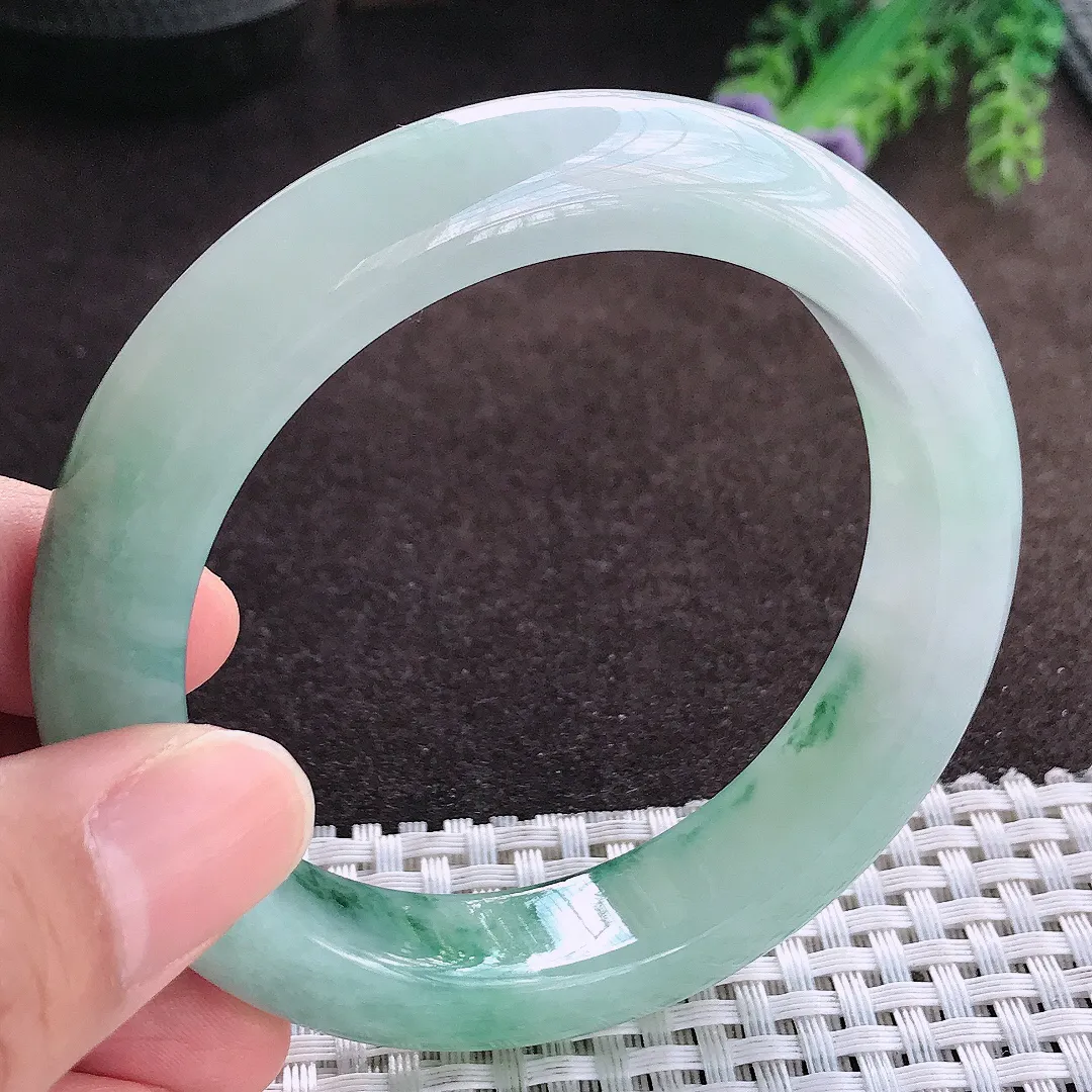 天然a货翡翠57.2/13.3/9.4老坑冰胶果冻飘花手镯宽边玉手镯