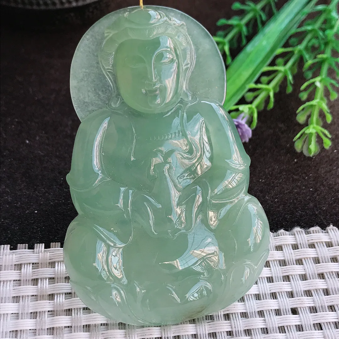 天然a货翡翠73.5/49/8.8老坑冰润起胶满绿观音吊坠翡翠玉挂件