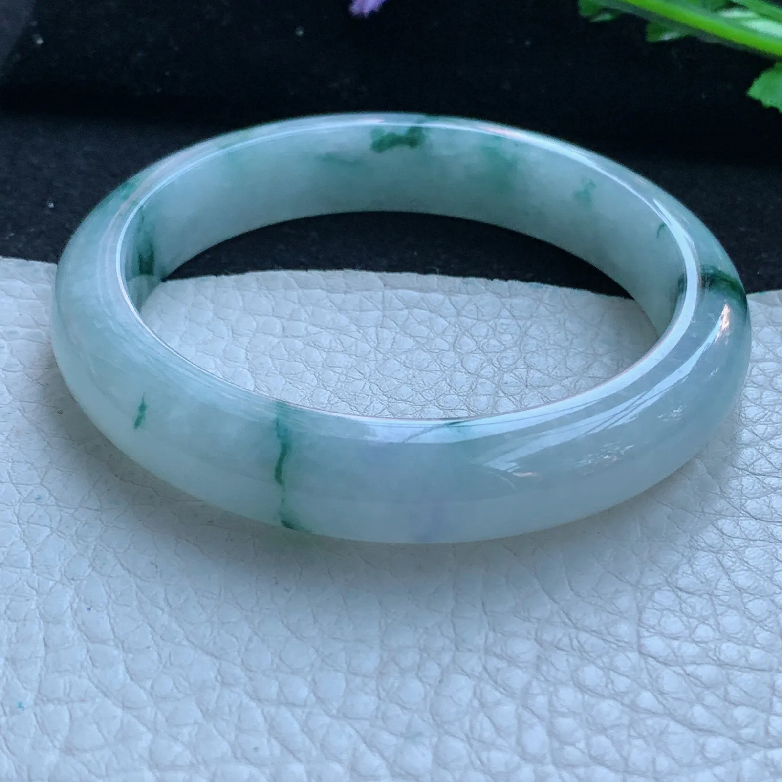 jx自然光58.5*12*8平安镯 缅甸翡翠a货玉手镯冰飘花宽边玉手环