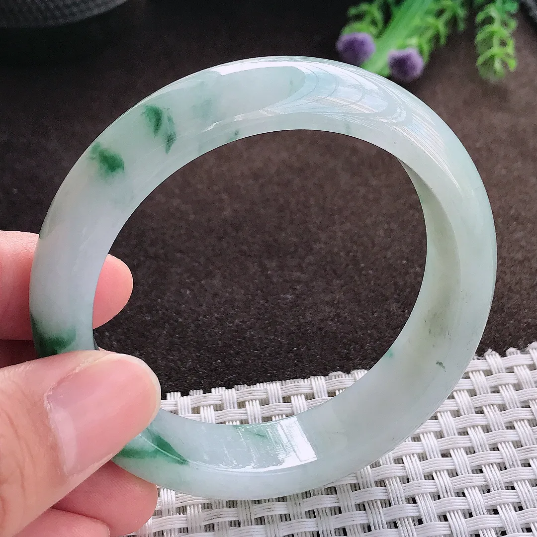 天然a货翡翠55.5/14.5/8.5老坑冰润水灵飘花手镯宽边玉手镯