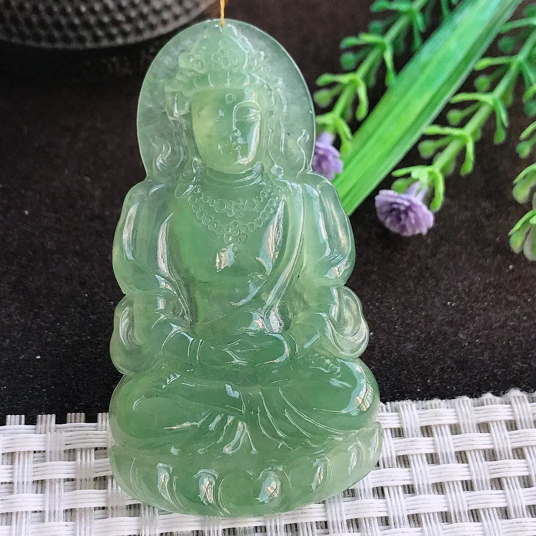 天然a货翡翠66/36.3/5.2老坑冰种果冻胶冰晴满绿渡母菩萨吊坠翡翠玉挂件