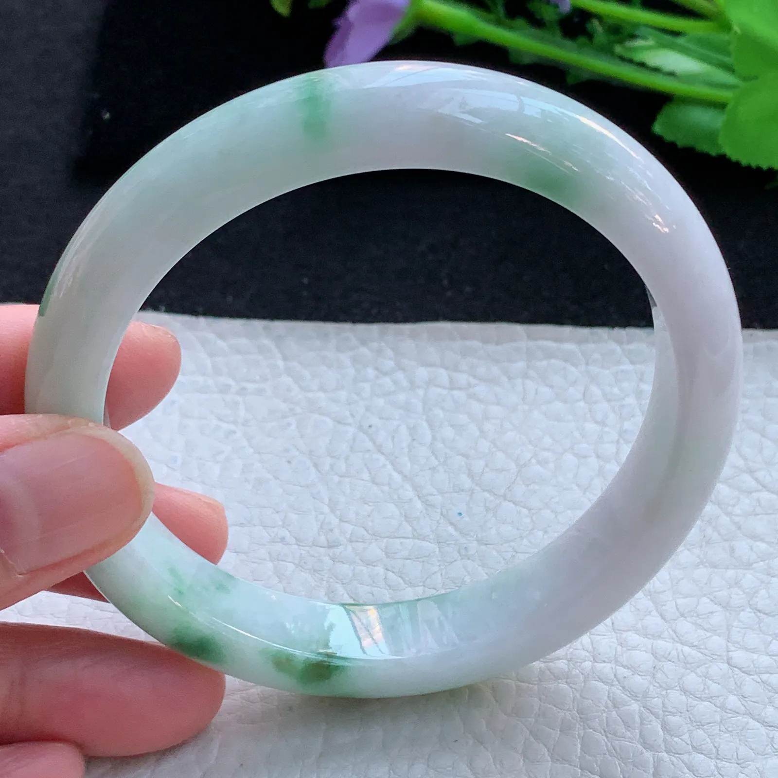 yh大圈口61*12.8*8.5平安镯 缅甸翡翠a货玉手镯飘花宽边玉手环