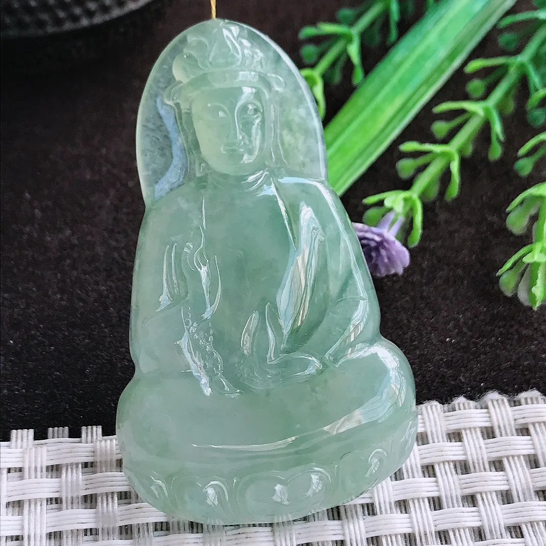 天然a货翡翠58.8/35.8/6.8老坑冰胶果冻冰晴绿素衣观音吊坠翡翠玉挂件