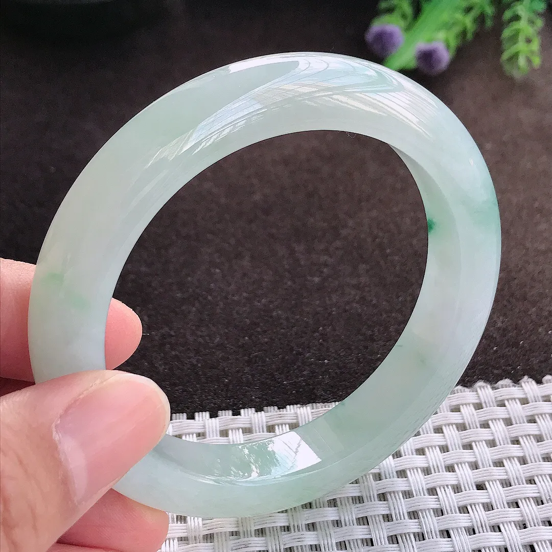 天然a货翡翠55.8/11.3/9.1老坑冰胶果冻飘花手镯宽边玉手镯