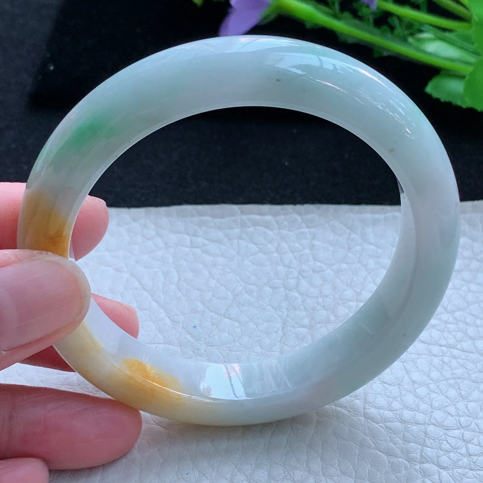 h自然光58*12.5*8.8平字镯 缅甸翡翠a货玉手镯三彩宽边玉手环