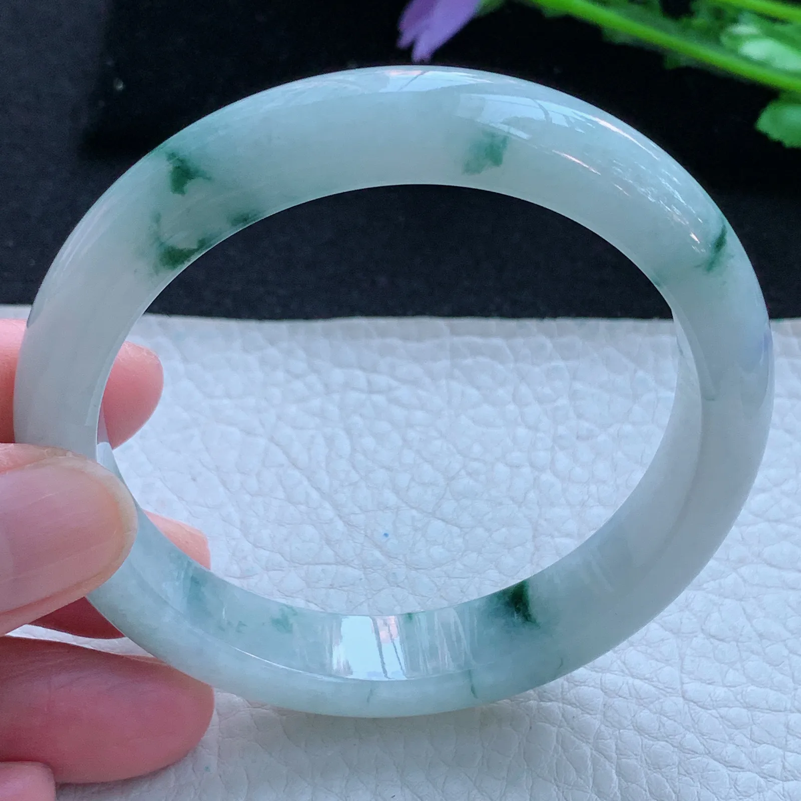 jx自然光58.5*12*8平安镯 缅甸翡翠a货玉手镯冰飘花宽边玉手环