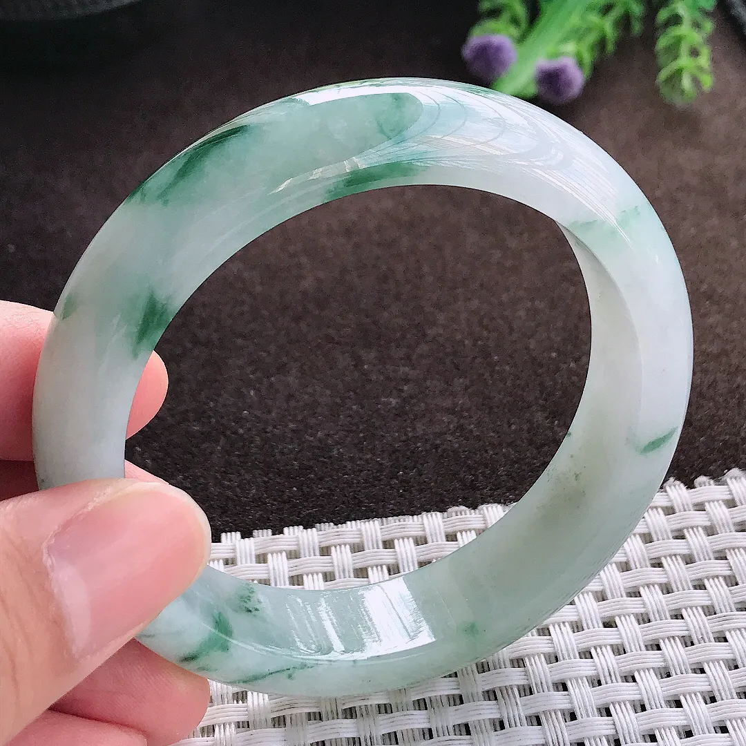 天然a货翡翠55.5/14.5/8.5老坑冰润水灵飘花手镯宽边玉手镯