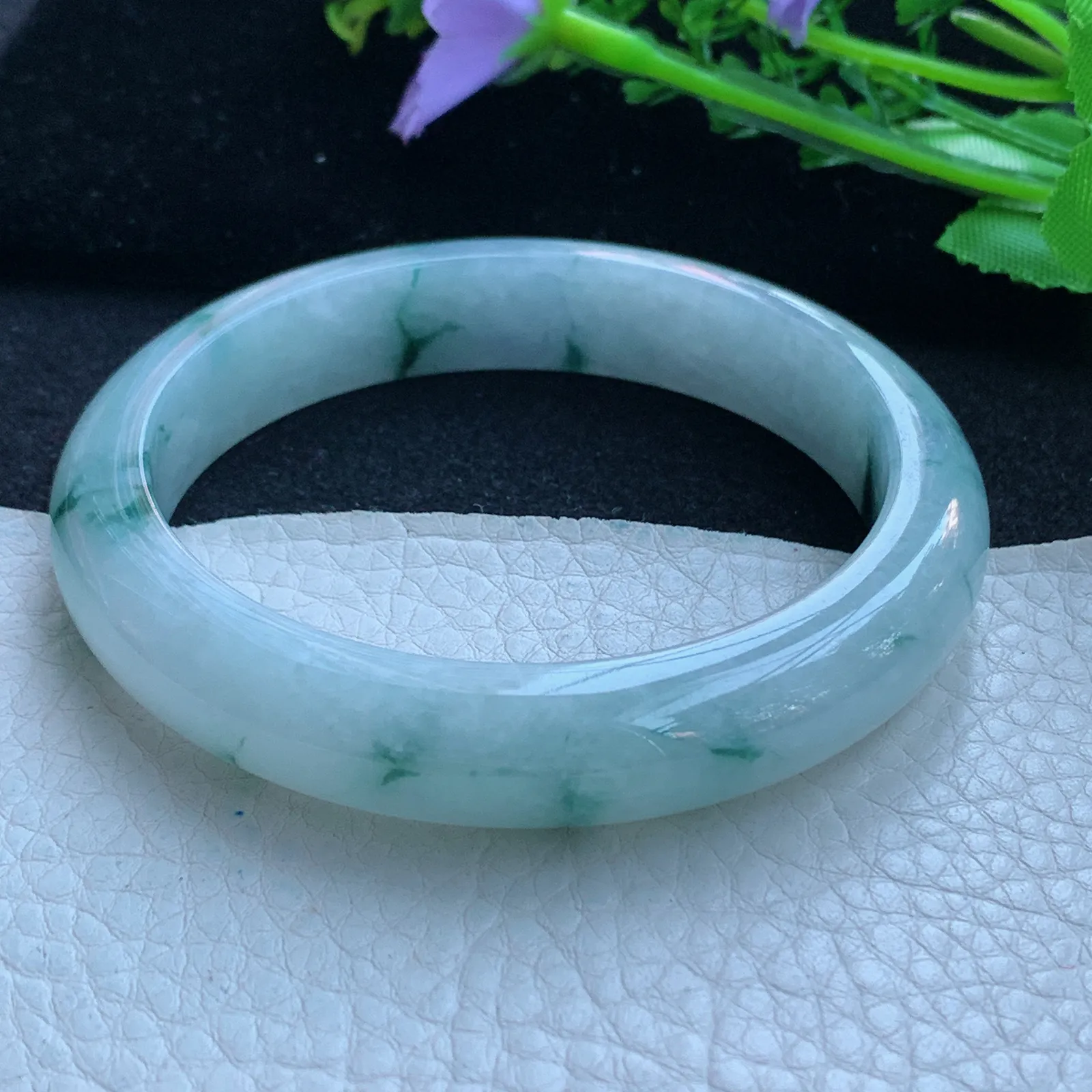 jx自然光58.5*12*8平安镯 缅甸翡翠a货玉手镯冰飘花宽边玉手环