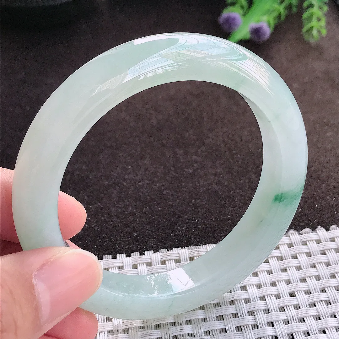 天然a货翡翠55.8/11.3/9.1老坑冰胶果冻飘花手镯宽边玉手镯