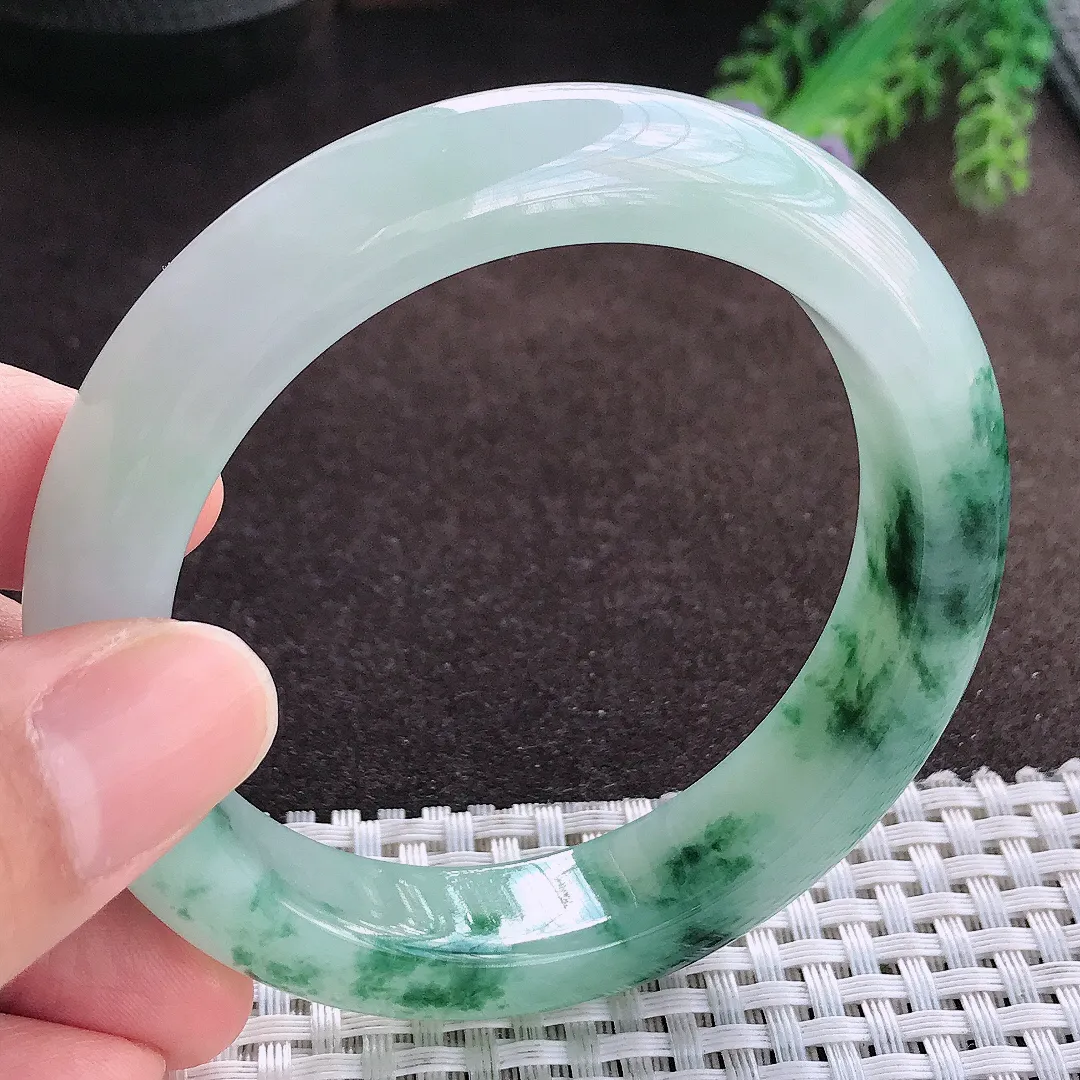 天然a货翡翠57.2/13.3/9.4老坑冰胶果冻飘花手镯宽边玉手镯