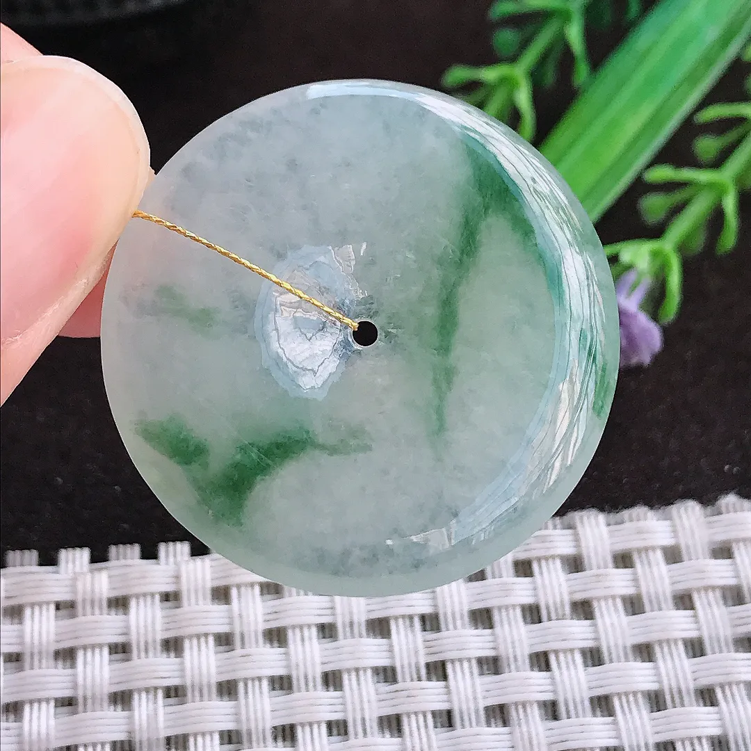 天然a货翡翠34.5/5.5老坑冰透果冻胶飘花平安扣吊坠翡翠玉挂件