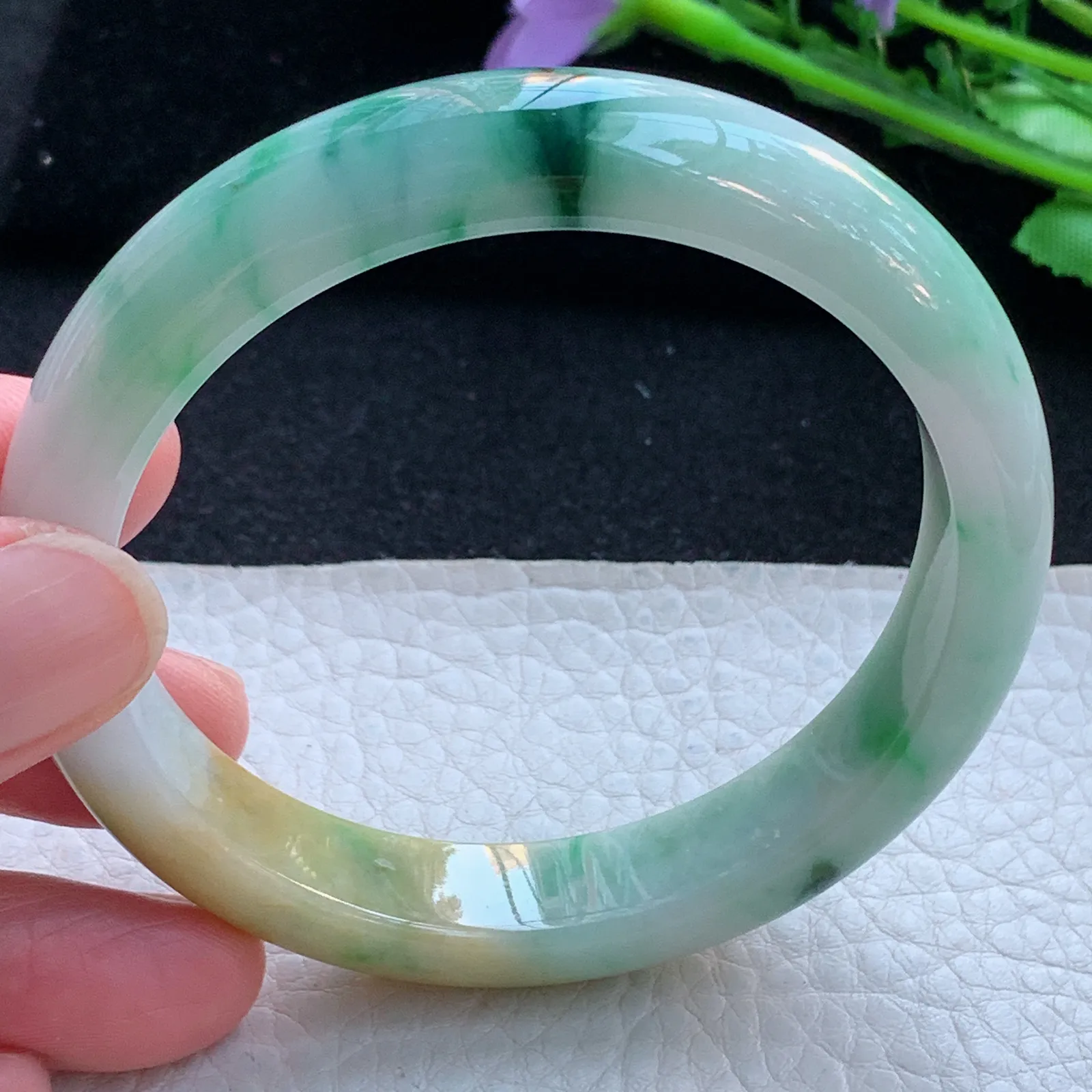 h自然光57.5*12*8平安镯 缅甸翡翠a货玉手镯三彩宽边玉手环