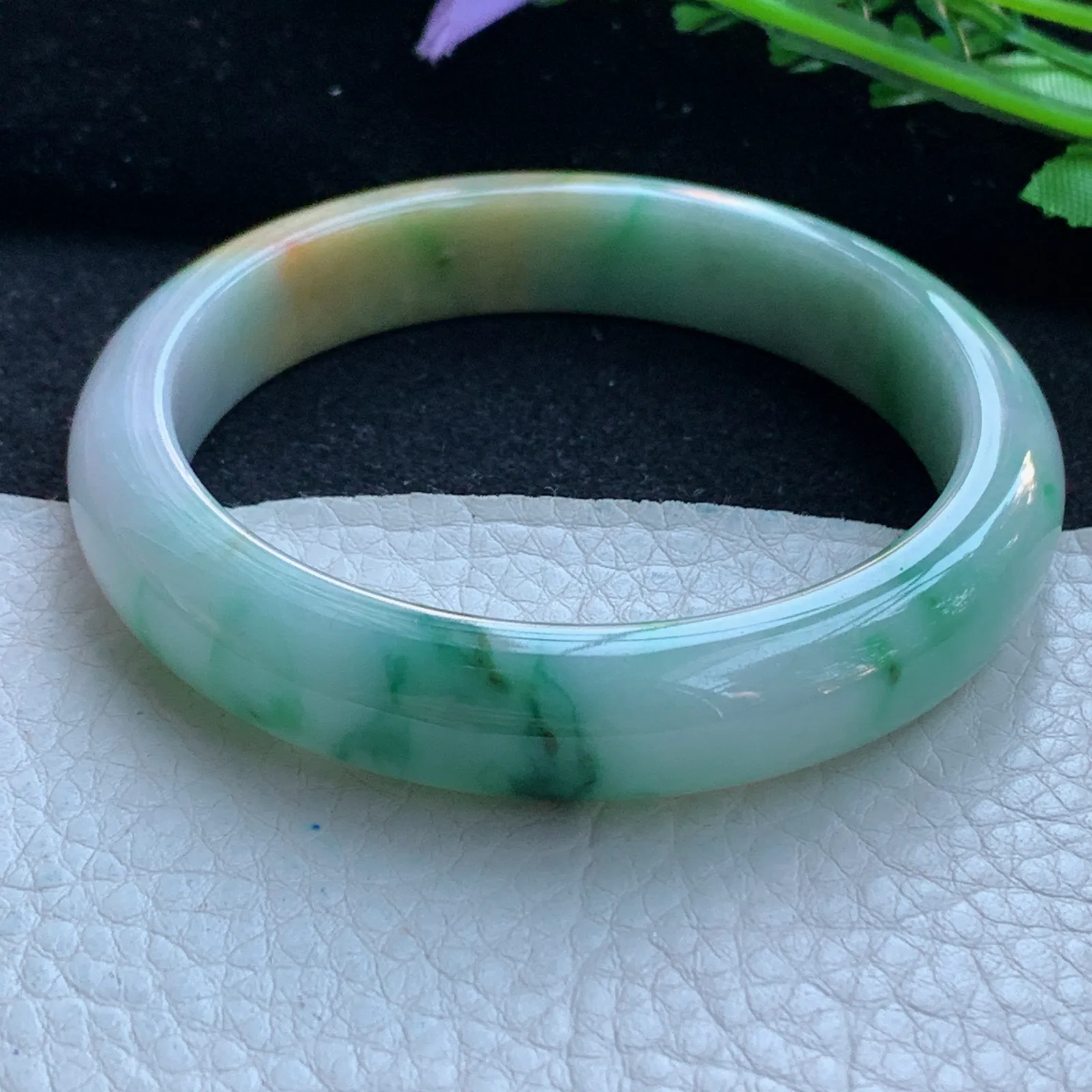 h自然光57.5*12*8平安镯 缅甸翡翠a货玉手镯三彩宽边玉手环