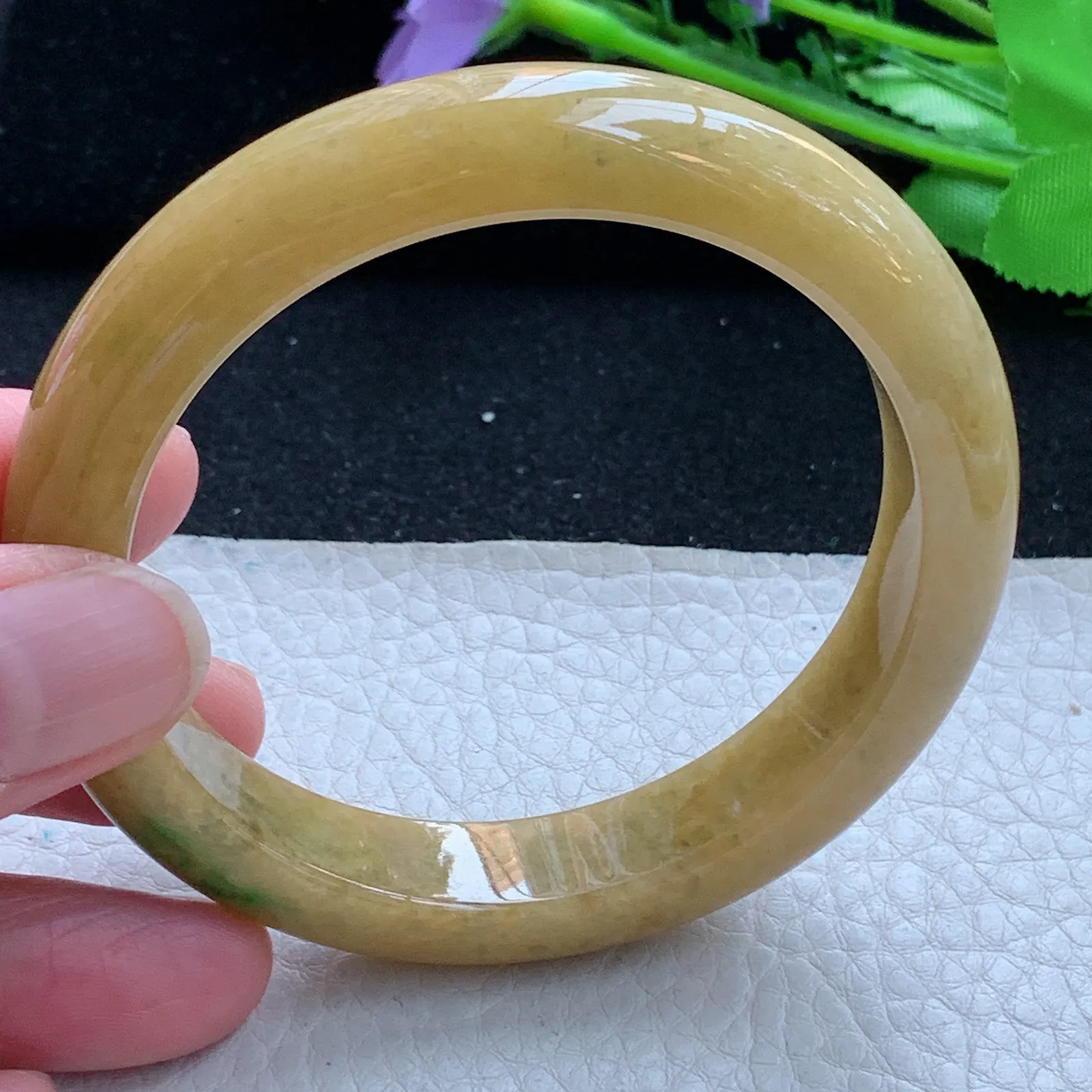 z自然光58*12*8.5平安镯 缅甸翡翠a货玉手镯黄加绿宽边珠宝玉手环