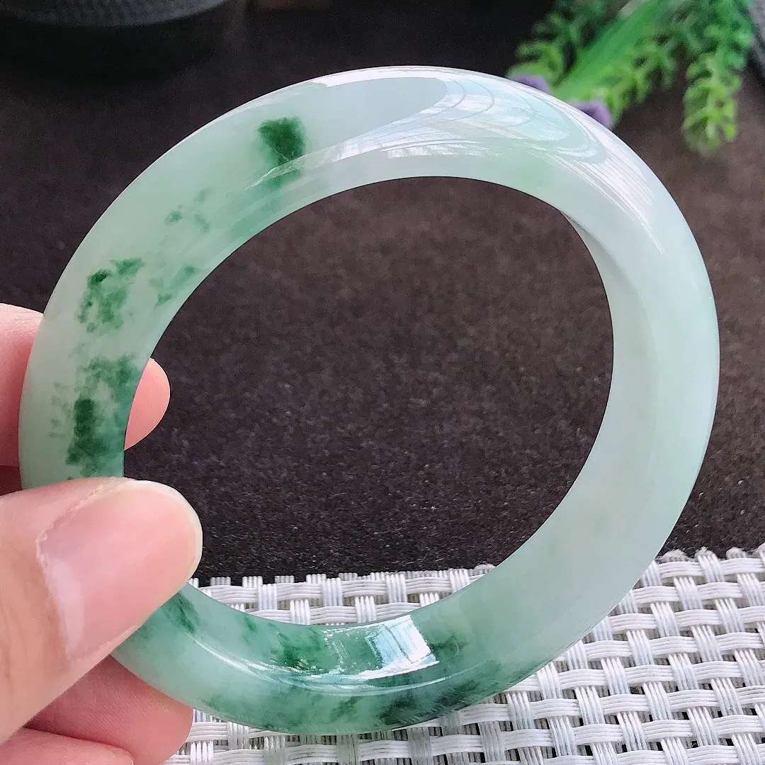 天然a货翡翠57.2/13.3/9.4老坑冰胶果冻飘花手镯宽边玉手镯