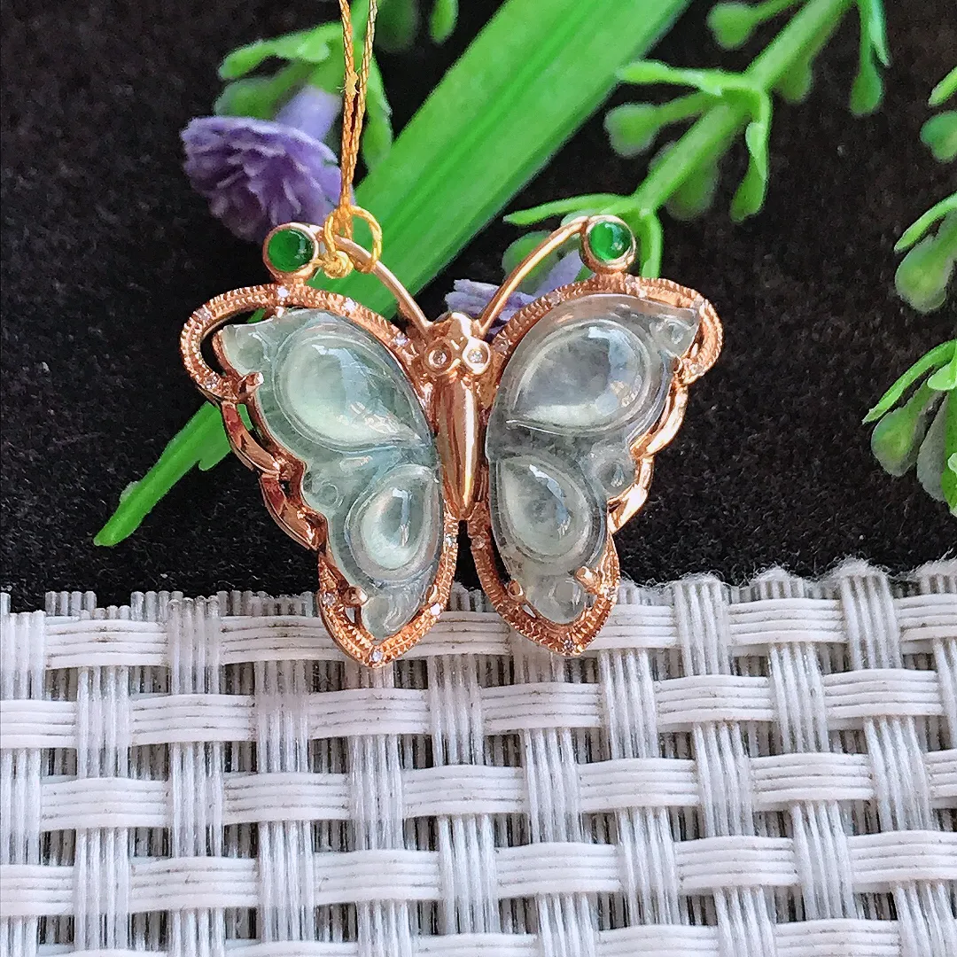 天然a货翡翠20.9/26.3/6.5老坑18k金镶嵌冰种蝴蝶吊坠翡翠玉挂件