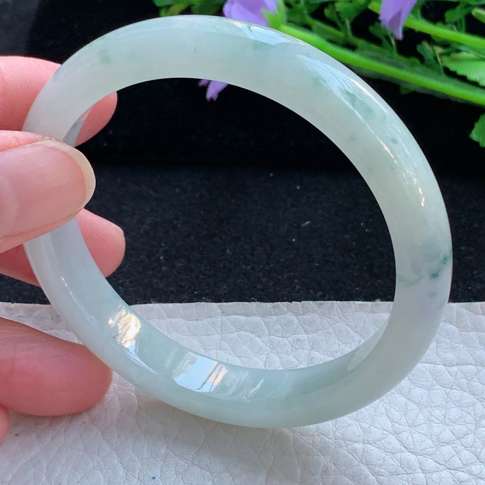 xx自然光56*10.6*7.3平安镯 缅甸翡翠a货玉手镯冰飘花宽边玉手环