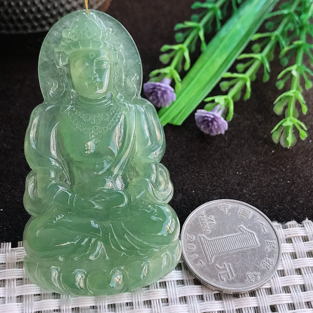 天然a货翡翠66/36.3/5.2老坑冰种果冻胶冰晴满绿渡母菩萨吊坠翡翠玉挂件