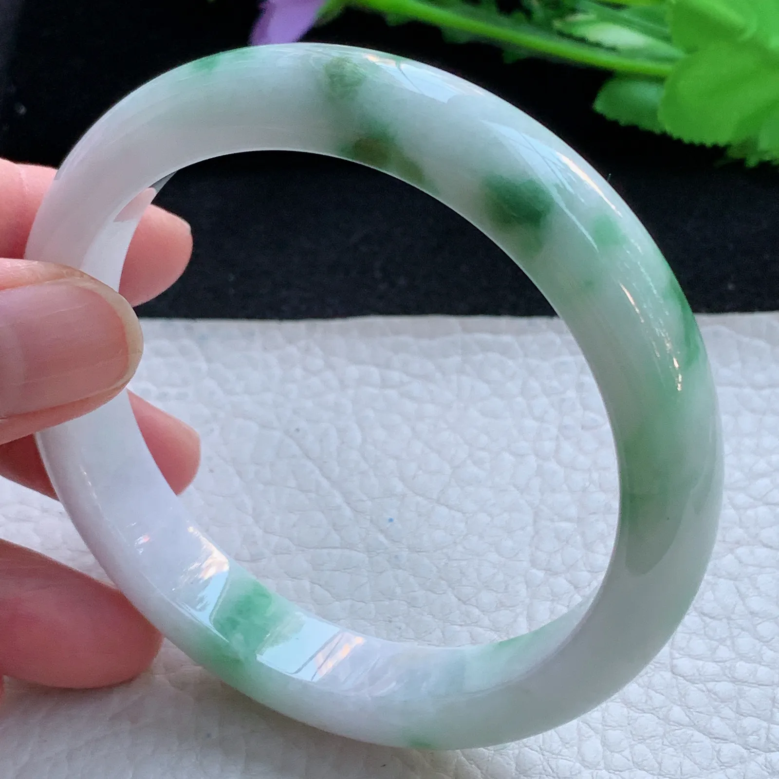 yh大圈口61*12.8*8.5平安镯 缅甸翡翠a货玉手镯飘花宽边玉手环