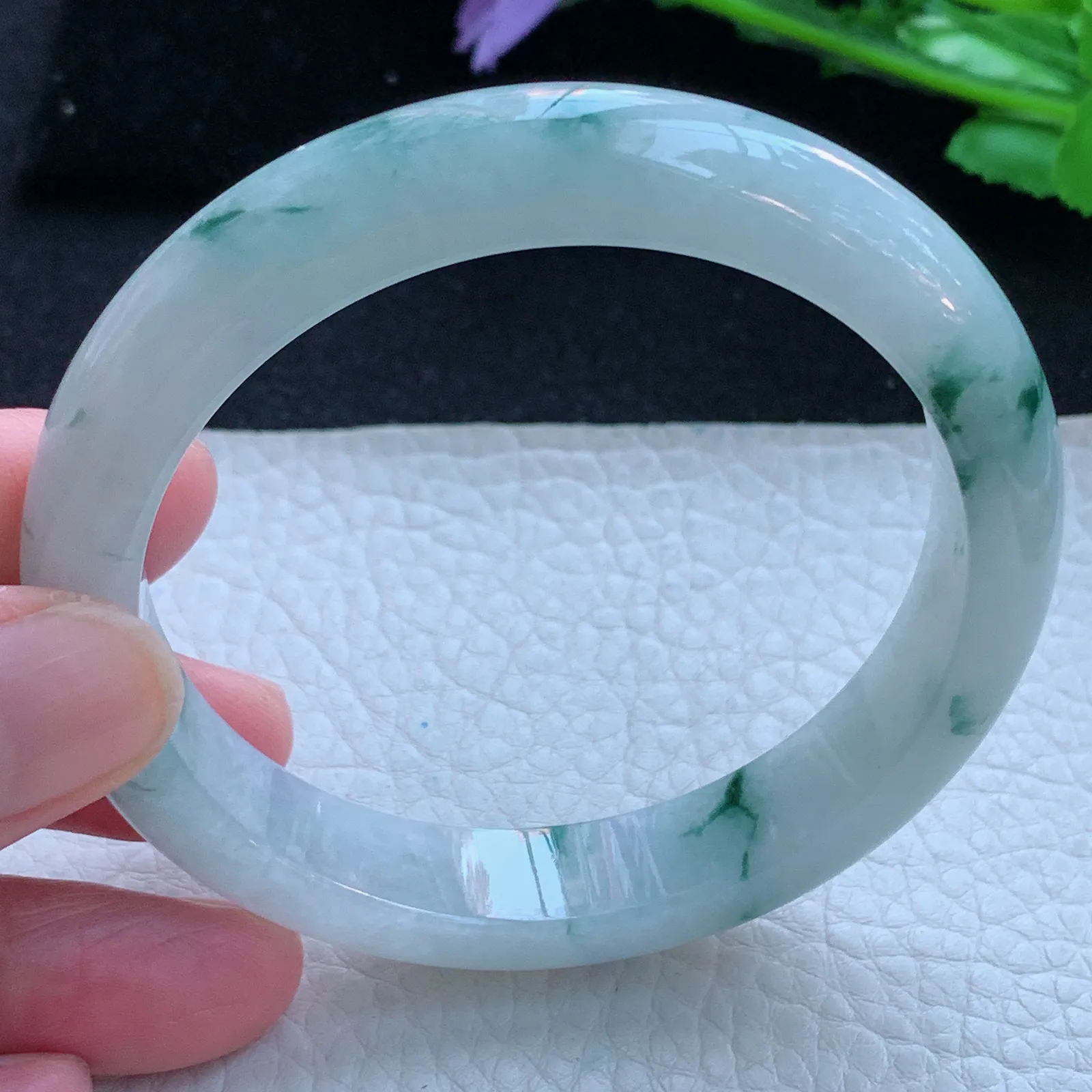 jx自然光58.5*12*8平安镯 缅甸翡翠a货玉手镯冰飘花宽边玉手环