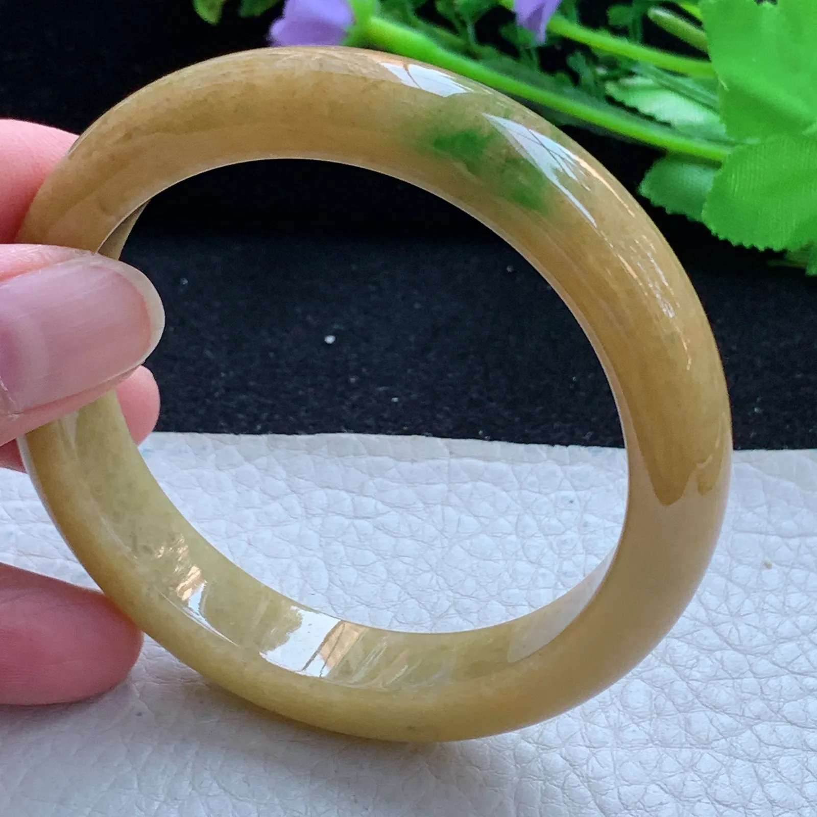 z自然光58*12*8.5平安镯 缅甸翡翠a货玉手镯黄加绿宽边珠宝玉手环