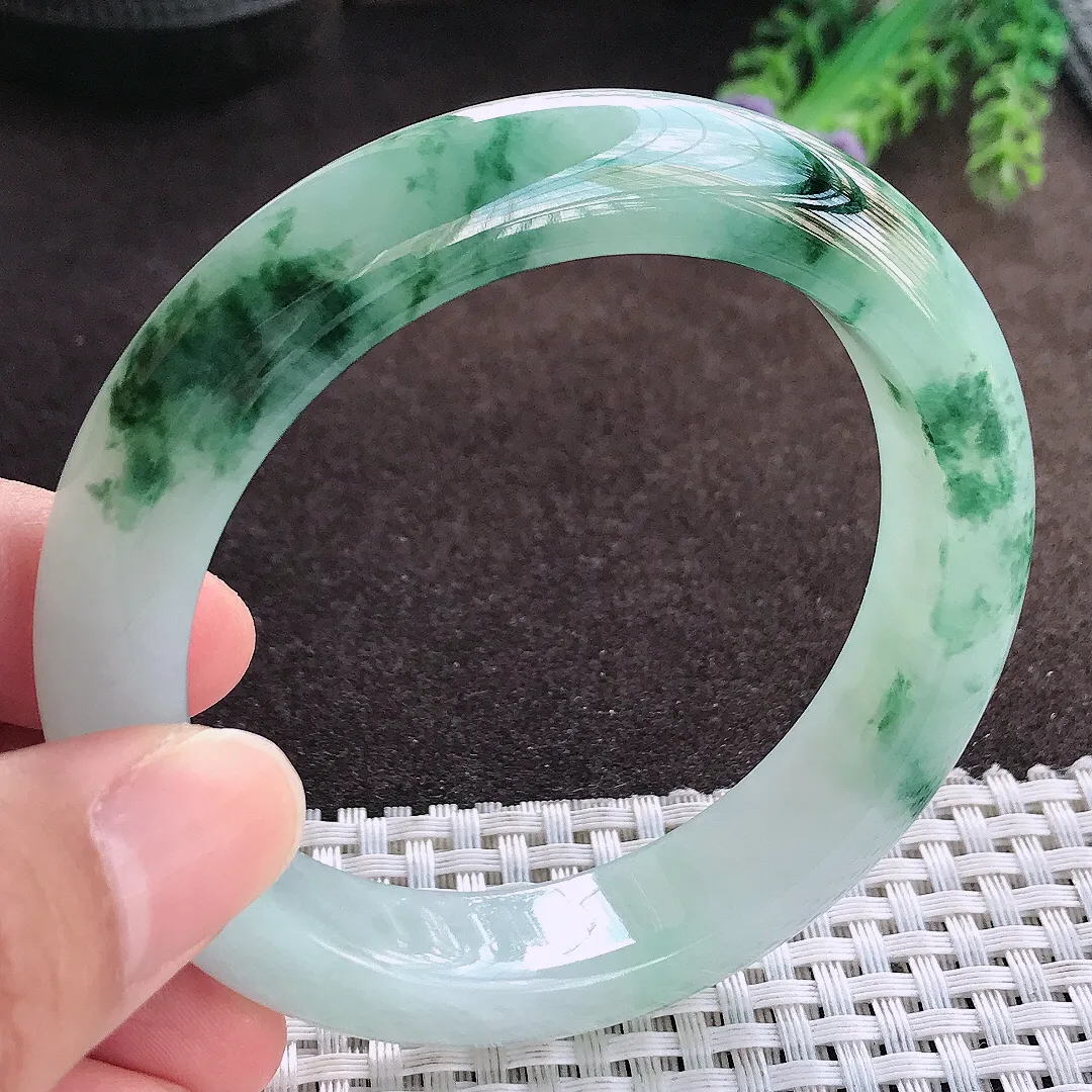 天然a货翡翠57.2/13.3/9.4老坑冰胶果冻飘花手镯宽边玉手镯