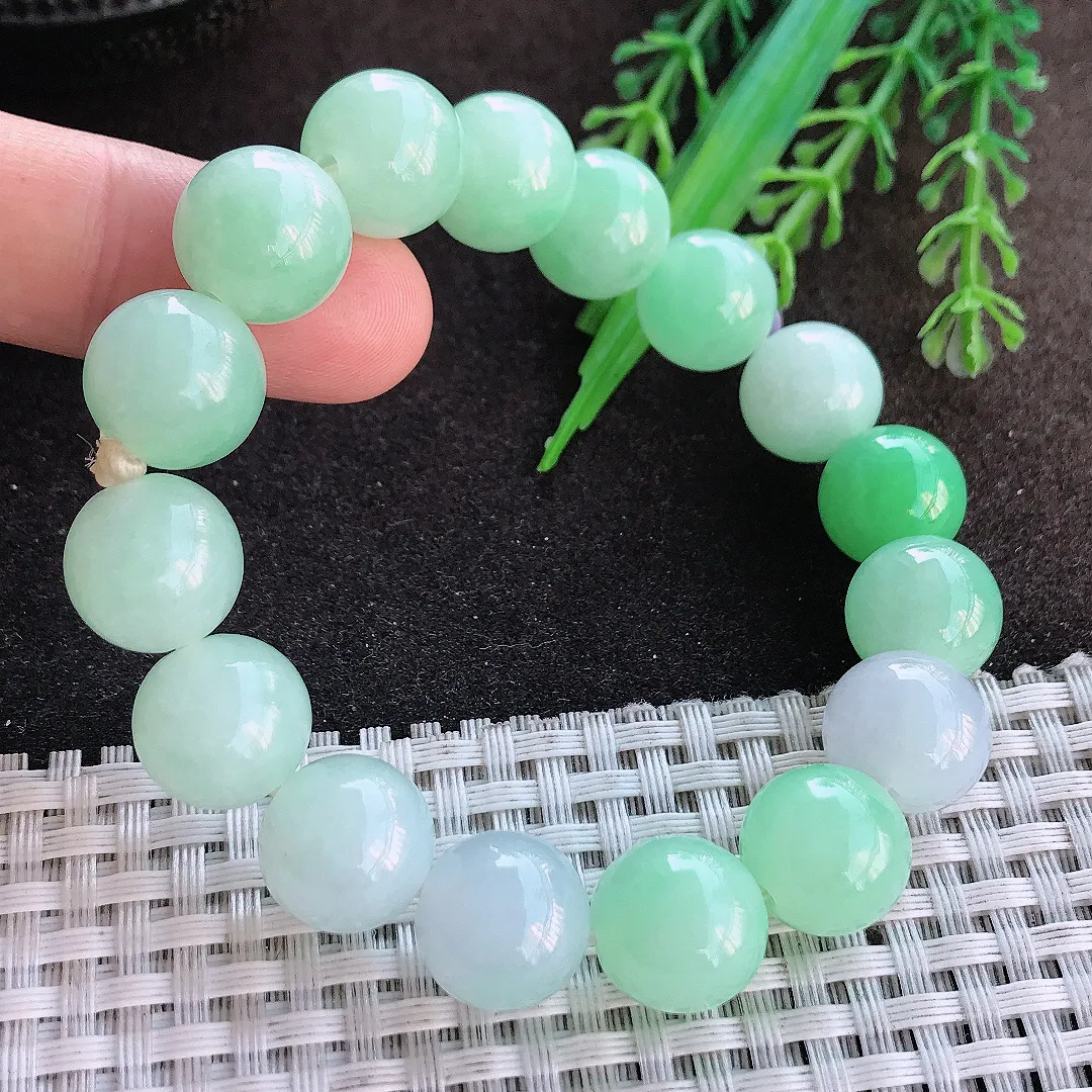 天然a货翡翠12.8/16颗老坑冰润水灵甜绿色圆珠手链翡翠玉珠手串