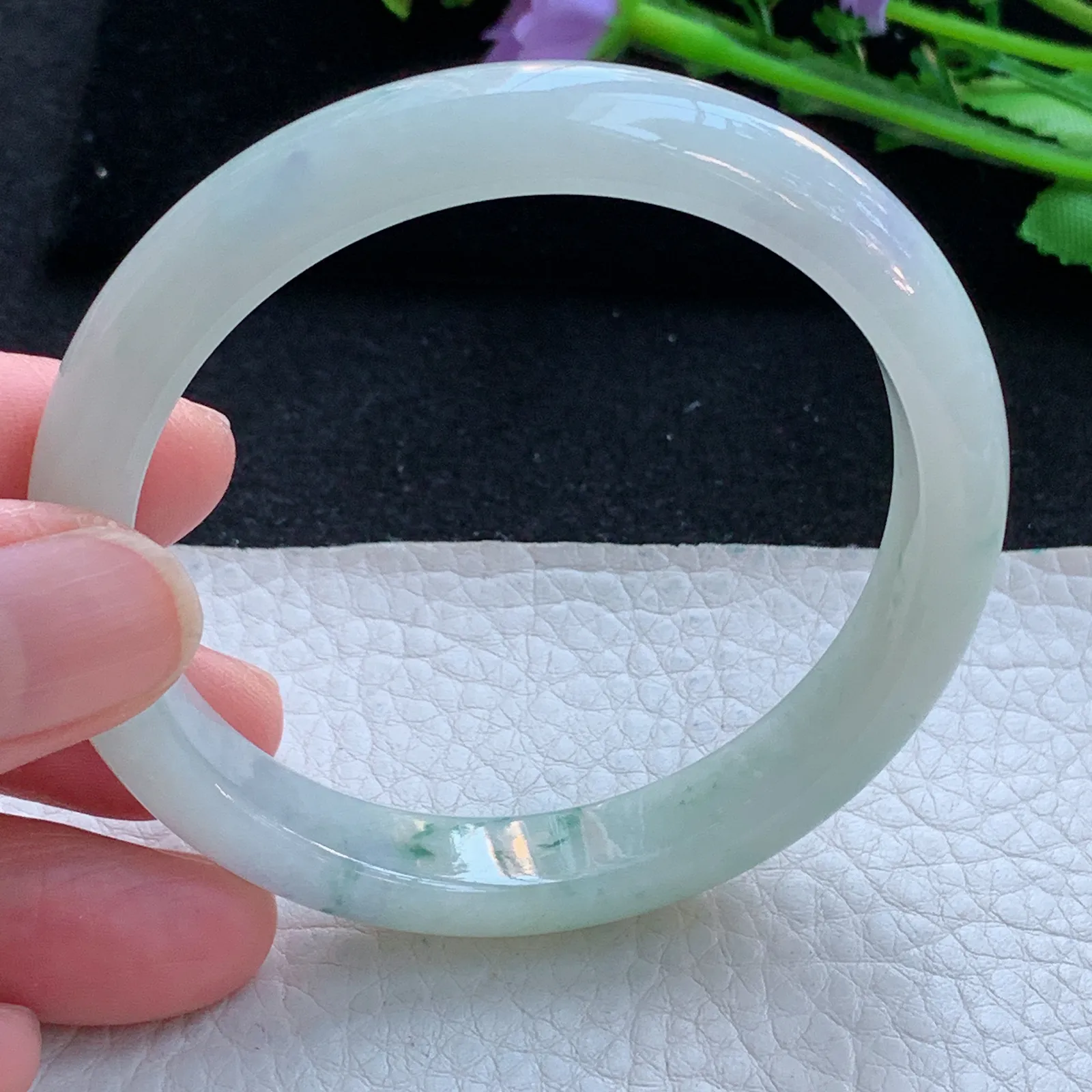 xx自然光56*10.6*7.3平安镯 缅甸翡翠a货玉手镯冰飘花宽边玉手环