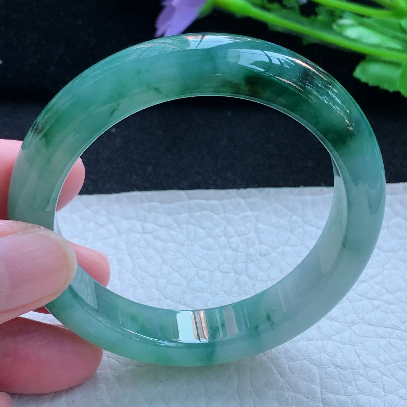 xh自然光53*12.5*8.4平安镯 缅甸翡翠a货玉手镯冰飘花宽边玉手环