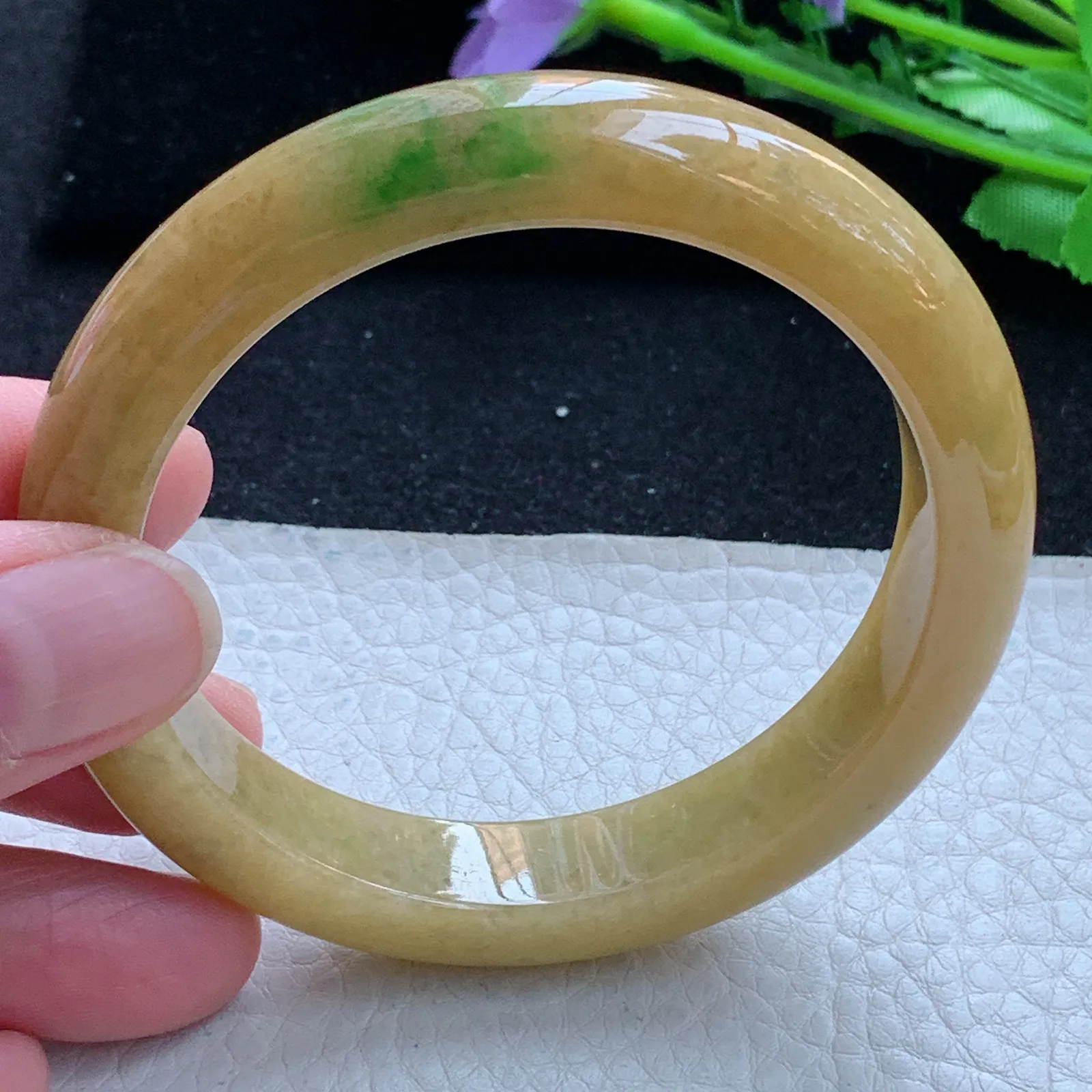 z自然光58*12*8.5平安镯 缅甸翡翠a货玉手镯黄加绿宽边珠宝玉手环