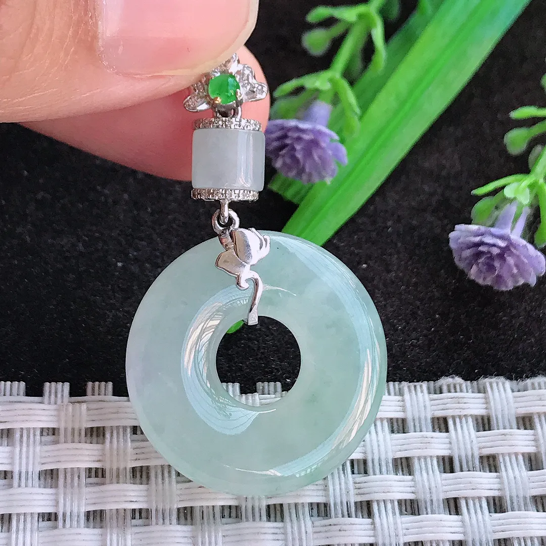 天然a货翡翠24.2/5.5老坑18k金镶嵌冰胶水灵冰晴玉环吊坠翡翠玉扣挂件