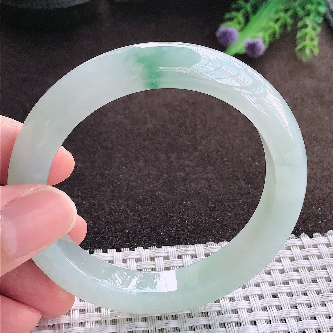 天然a货翡翠55.8/11.3/9.1老坑冰胶果冻飘花手镯宽边玉手镯