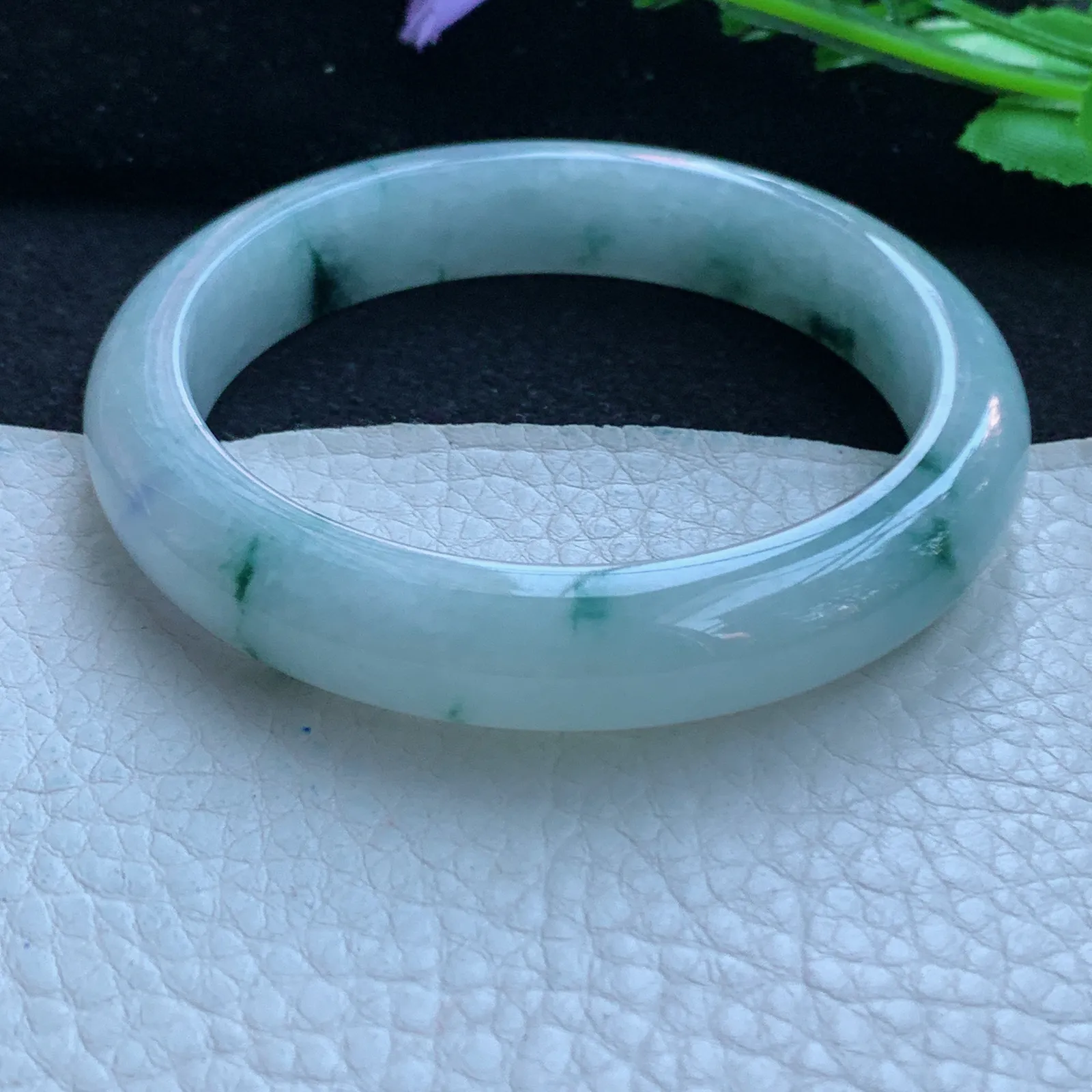 jx自然光58.5*12*8平安镯 缅甸翡翠a货玉手镯冰飘花宽边玉手环