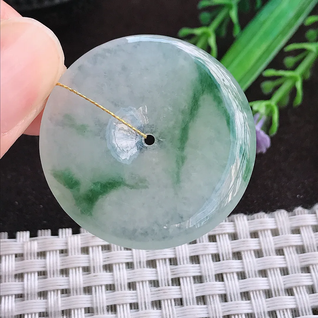 天然a货翡翠34.5/5.5老坑冰透果冻胶飘花平安扣吊坠翡翠玉挂件