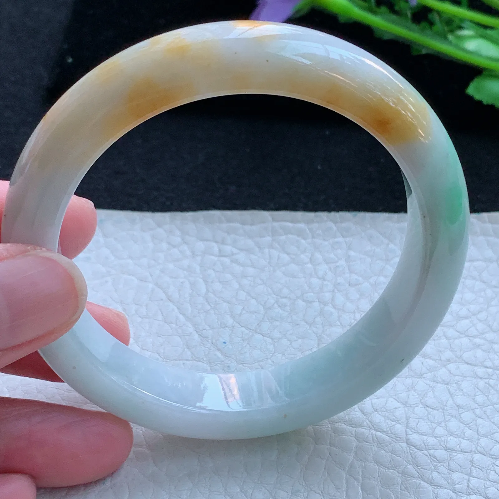 h自然光58*12.5*8.8平字镯 缅甸翡翠a货玉手镯三彩宽边玉手环