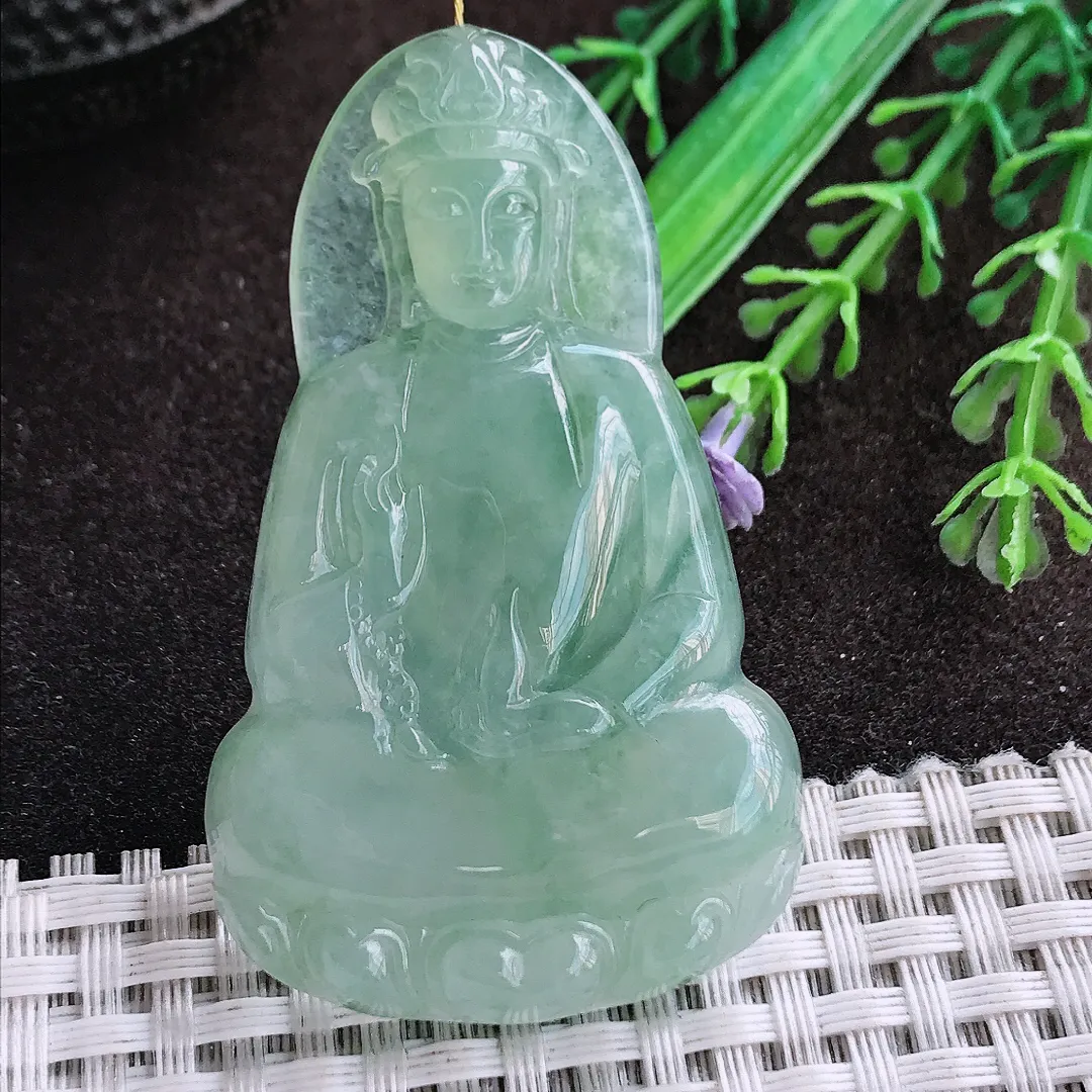 天然a货翡翠58.8/35.8/6.8老坑冰胶果冻冰晴绿素衣观音吊坠翡翠玉挂件