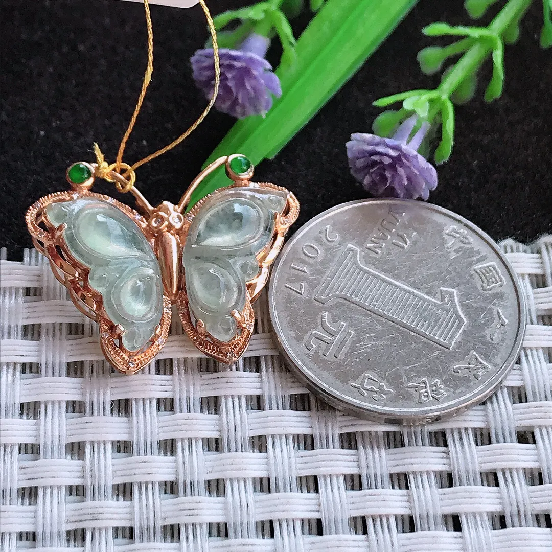 天然a货翡翠20.9/26.3/6.5老坑18k金镶嵌冰种蝴蝶吊坠翡翠玉挂件