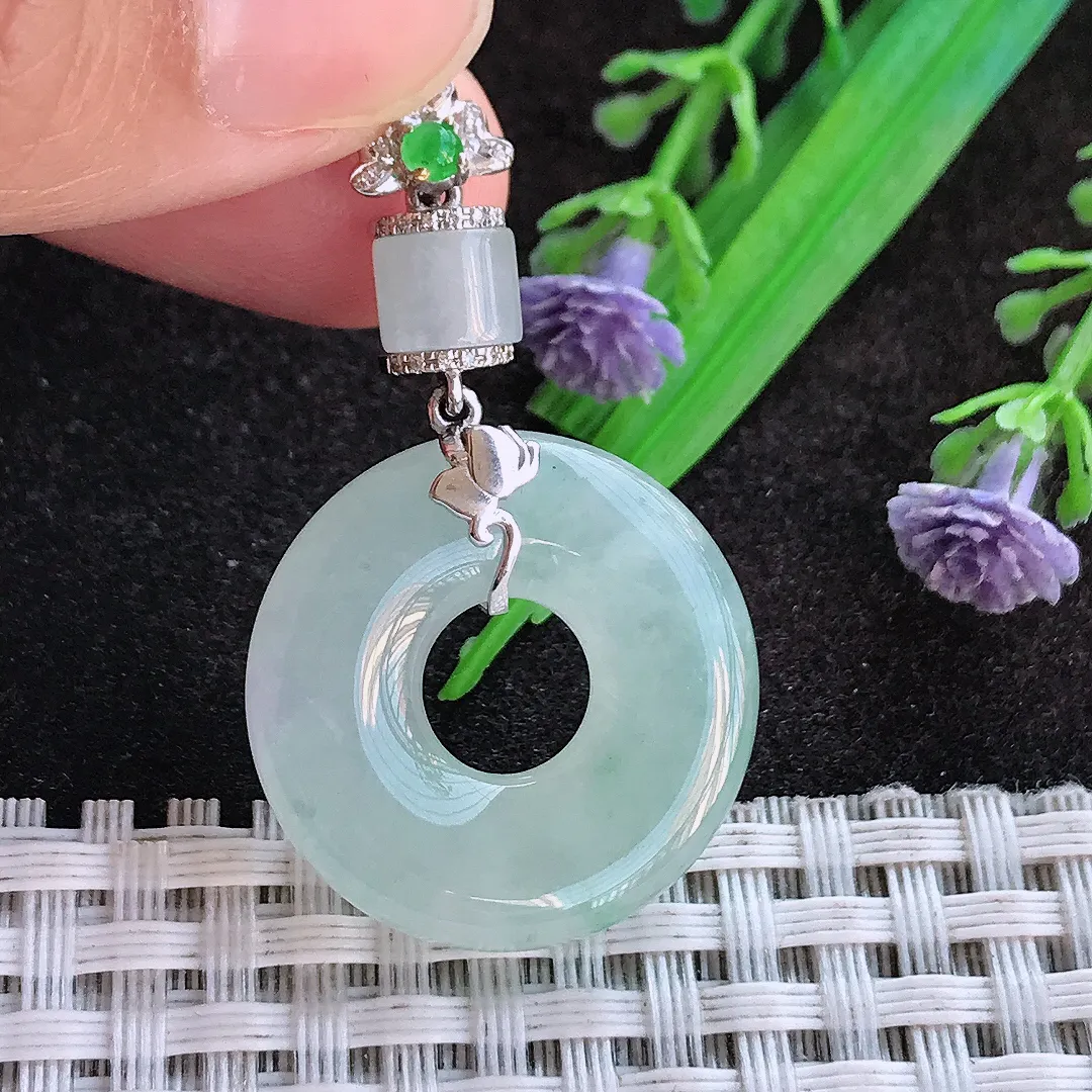 天然a货翡翠24.2/5.5老坑18k金镶嵌冰胶水灵冰晴玉环吊坠翡翠玉扣挂件