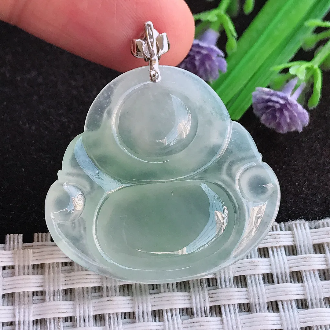 天然a货翡翠30.5/33.6/5.9老坑18k金镶嵌冰种起胶冰晴绿佛公吊坠翡翠玉挂件