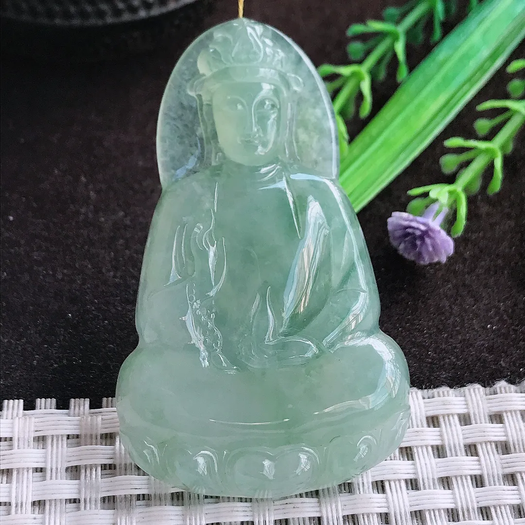 天然a货翡翠58.8/35.8/6.8老坑冰胶果冻冰晴绿素衣观音吊坠翡翠玉挂件