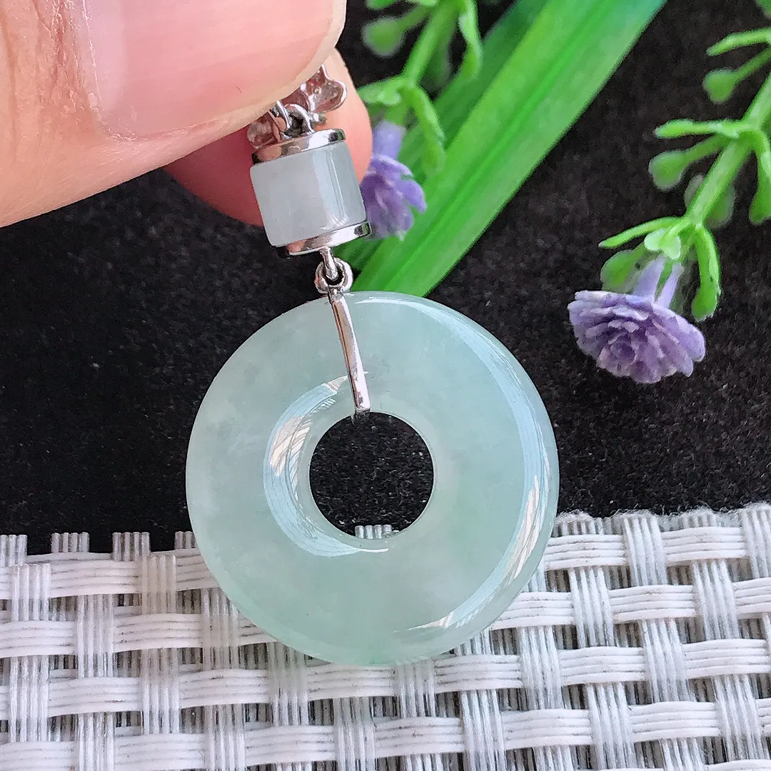 天然a货翡翠24.2/5.5老坑18k金镶嵌冰胶水灵冰晴玉环吊坠翡翠玉扣挂件